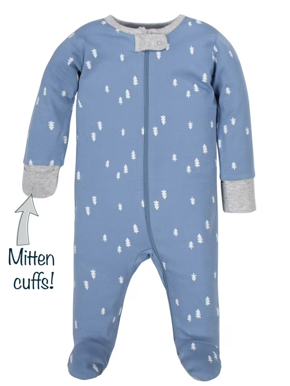 wonder nation Blue Tree-Print Footed One-Piece with Gray Mitten Cuffs